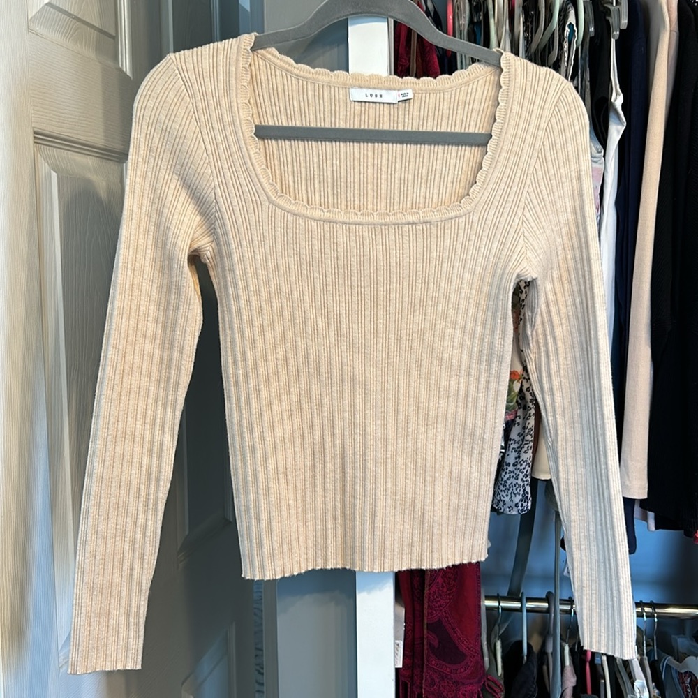 Lush Beige/Cream Long Sleeve Ribbed Sweater Top